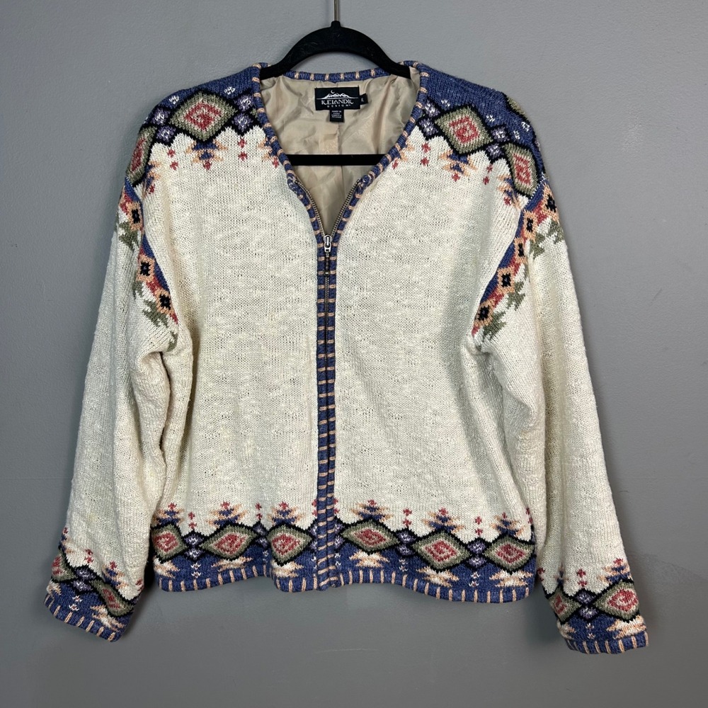 Icelandic Design Cardigan Sweater Women's Large Fair Isle Linen Southwestern VTG